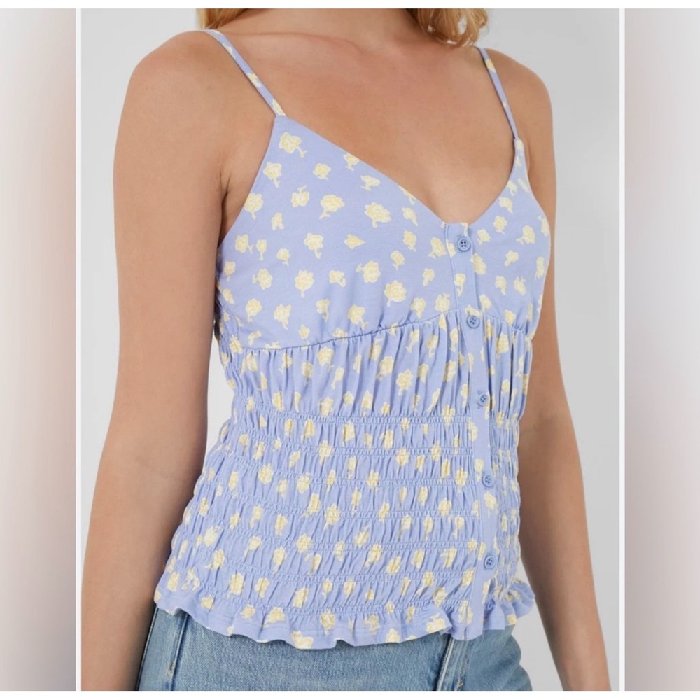 French Connection Peony-Doria Smocked Milkmaid Tank Blue Yellow‎ Floral Cami L
